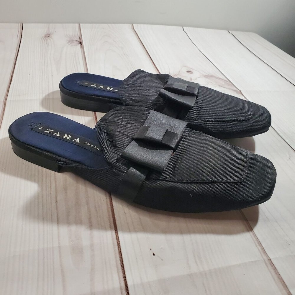 Zara Flats 36 US 6 Womens Shoes Black Fabric Mules Slip On Shoes Bows Square Toe